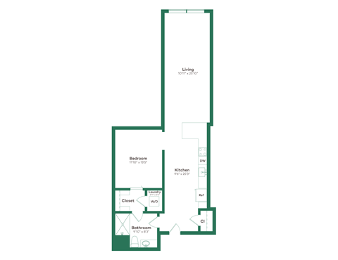 Floor plan for 1 bed, 1 bath, 870 sqft